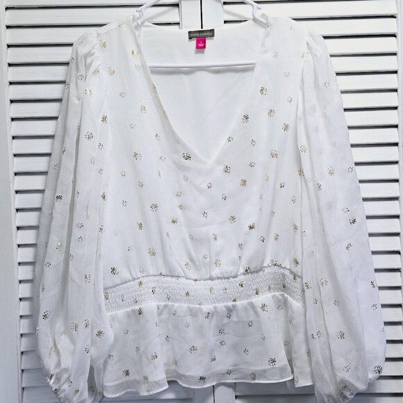 NWT VINCE CAMUTO WOMENS FOILED SMOCKED-HEM PUFF SLEEVES NEW IVORY TUNIC TOP L - Picture 3 of 11